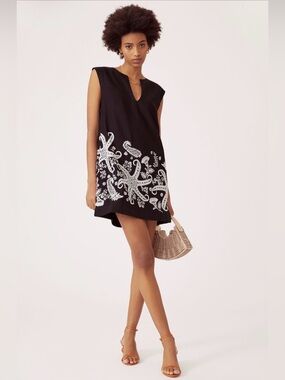 Maeve Anthropologie Embroidered Tunic Dress Size 8 Black Linen Blend V Neck Boho